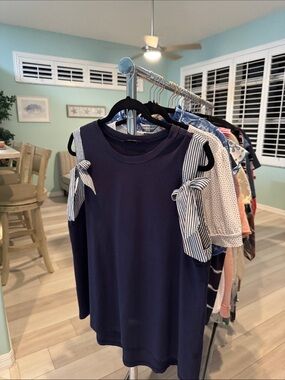 Doe & Rae Navy Cold-Shoulder Tank with Striped Tie Sleeves